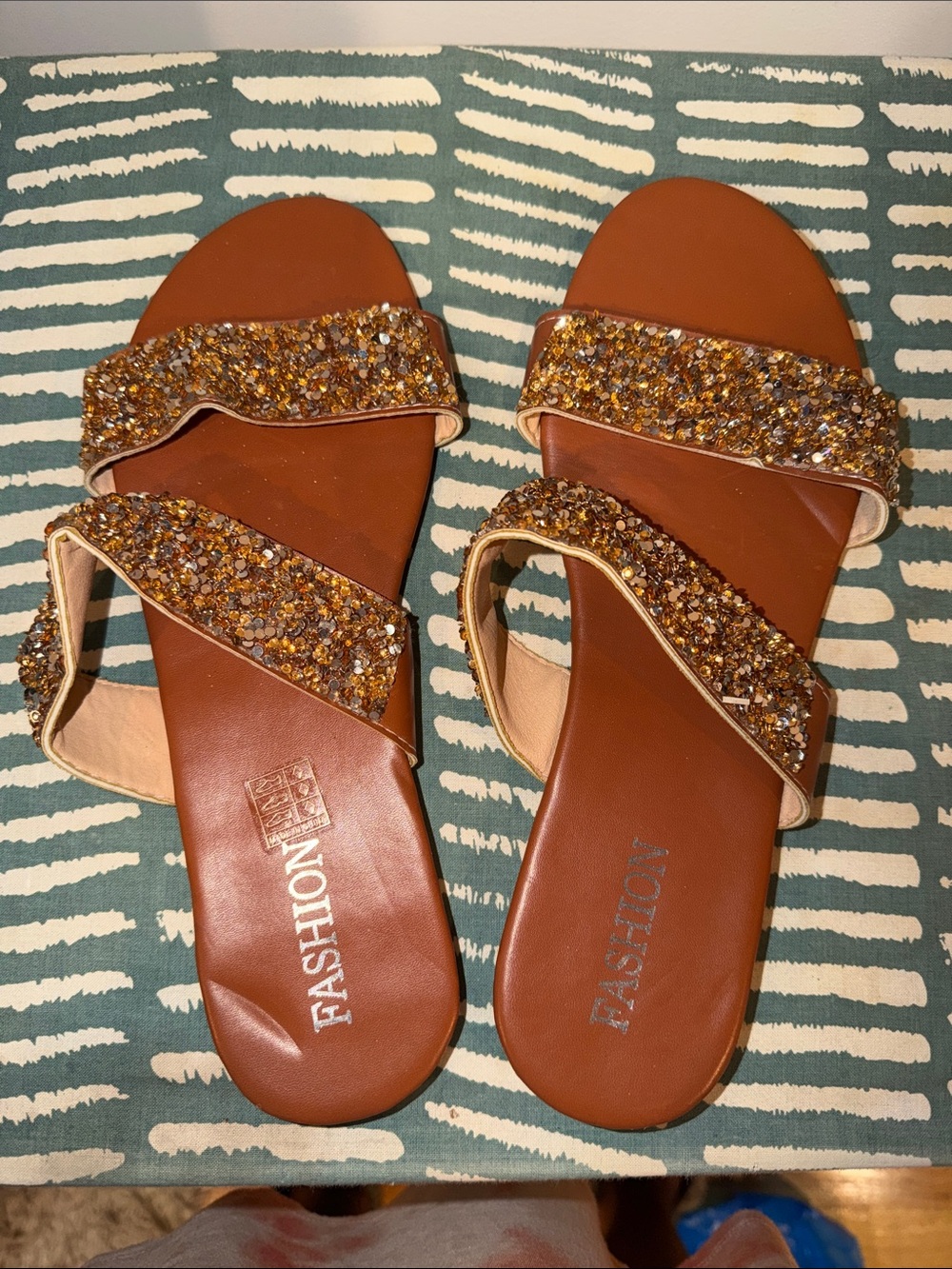 Women’s Brown Glitter Strap Slide Sandals